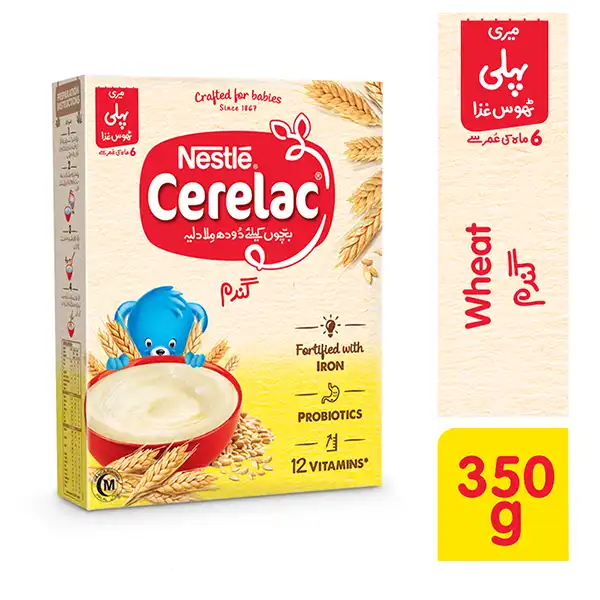 Nestle Cerelac Wheat 350g infant cereal box for babies 6 months and older
