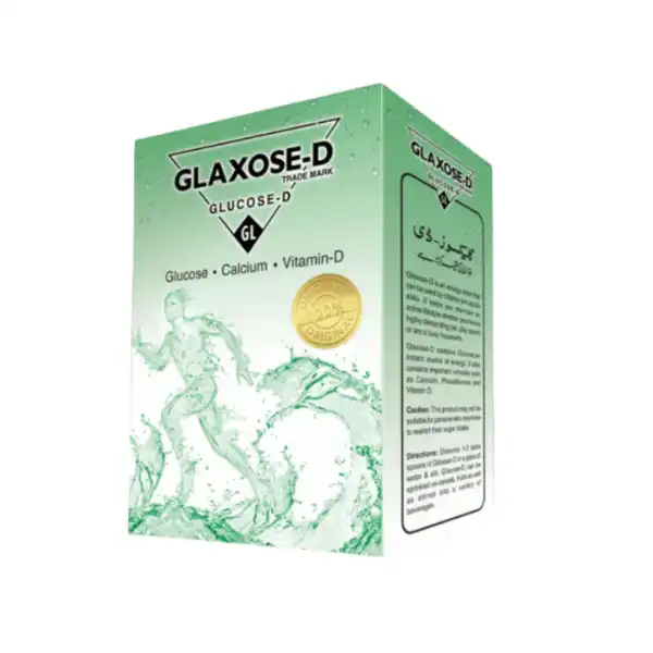 Glaxose-D Glucose powder box featuring Vitamin D and Calcium for instant energy.
