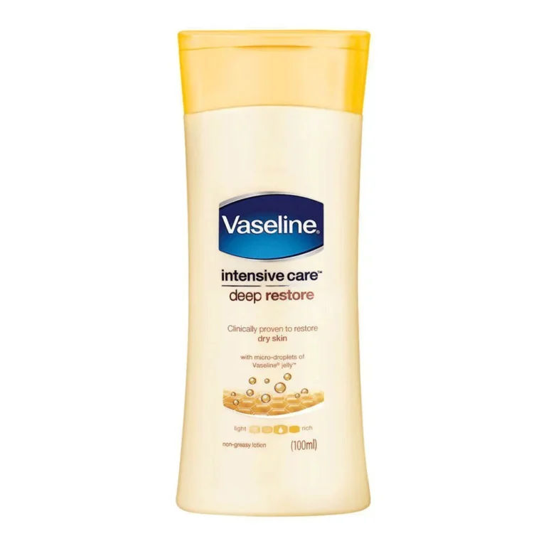Vaseline Deep Restore Intensive Care Body Lotion 100ml bottle for moisturizing dry skin.