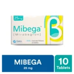 Mibega 25mg Extended Release (OCAS) tablets box by Getz Pharma containing Mirabegron for overactive bladder treatment.