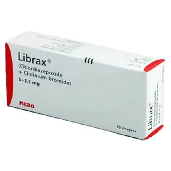 A white and red box of Librax Tablets for IBS Relief containing 30 dragees of Chlordiazepoxide and Clidinium bromide by Meda.