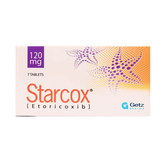 91954 Starcox 120mg Etoricoxib tablets box by Getz Pharma containing 7 tablets for rapid inflammatory pain relief.