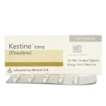 Kestine 10mg (Ebastine) film-coated tablets box and blister pack for 24-hour non-sedating allergy relief.