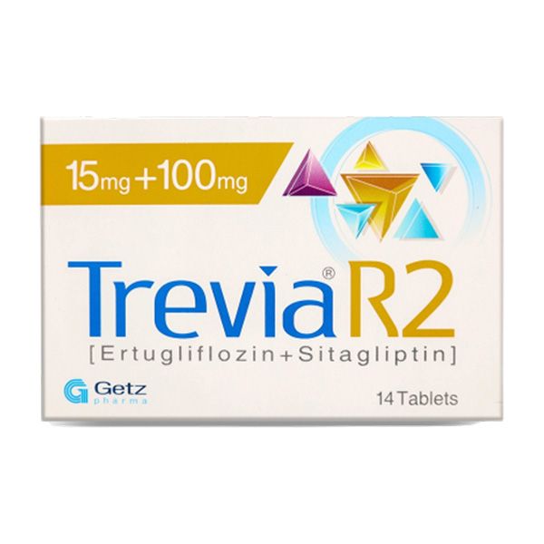 Trevia R2 15mg+100mg tablet pack by Getz Pharma containing Ertugliflozin and Sitagliptin for diabetes treatment.