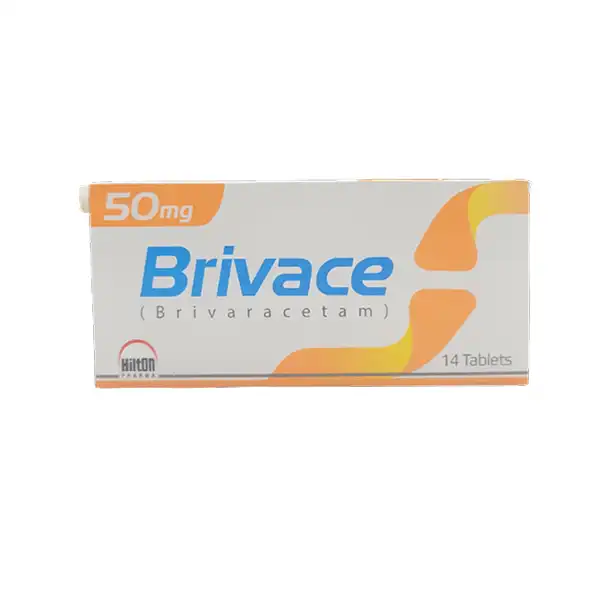 92625 Brivace 50mg (Brivaracetam) box by Hilton Pharma showing 14 tablets for epilepsy and seizure management.