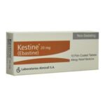 Kestine 20mg Ebastine box containing 10 film-coated tablets for non-sedating 24-hour allergy relief.