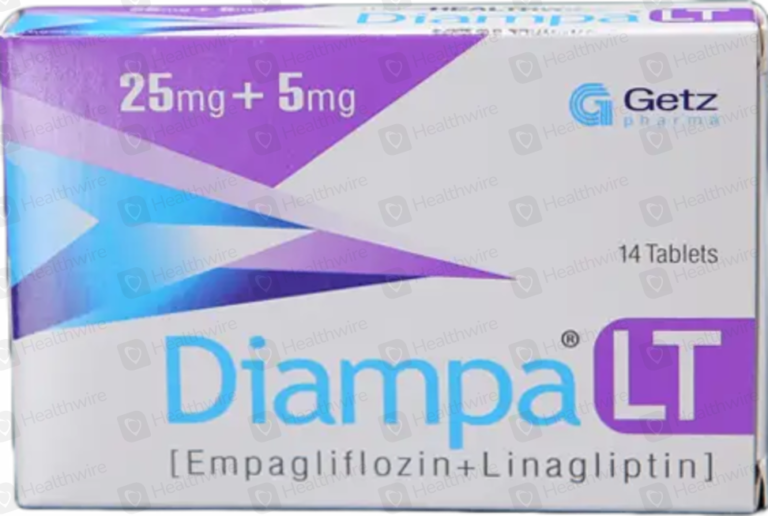 Diampa LT 25mg + 5mg tablet box by Getz Pharma containing 14 tablets of Empagliflozin and Linagliptin.