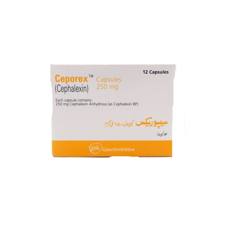 Ceporex 250mg Capsules box containing 12 Cephalexin capsules by GlaxoSmithKline (GSK)