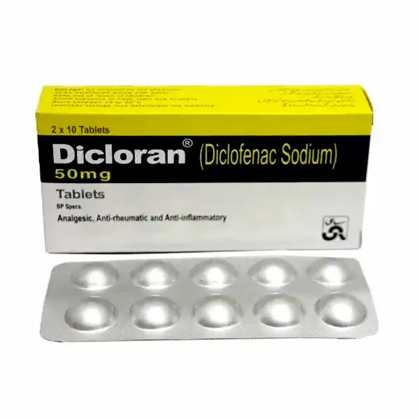 Dicloran 50mg Tablets pack and blister strip for pain relief.