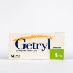 Getryl 1mg Tablets packaging by Getz Pharma showing 20 tablets of Glimepiride USP for blood sugar control.
