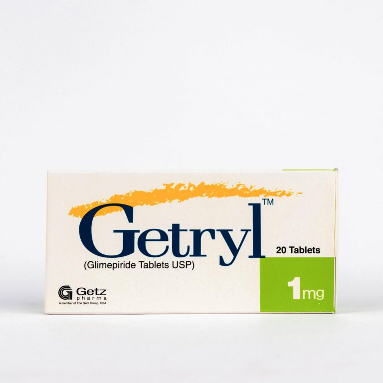 Getryl 1mg Tablets packaging by Getz Pharma showing 20 tablets of Glimepiride USP for blood sugar control.
