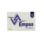 White and purple box of Empaa 25 mg Tablets containing fourteen tablets of Empagliflozin.