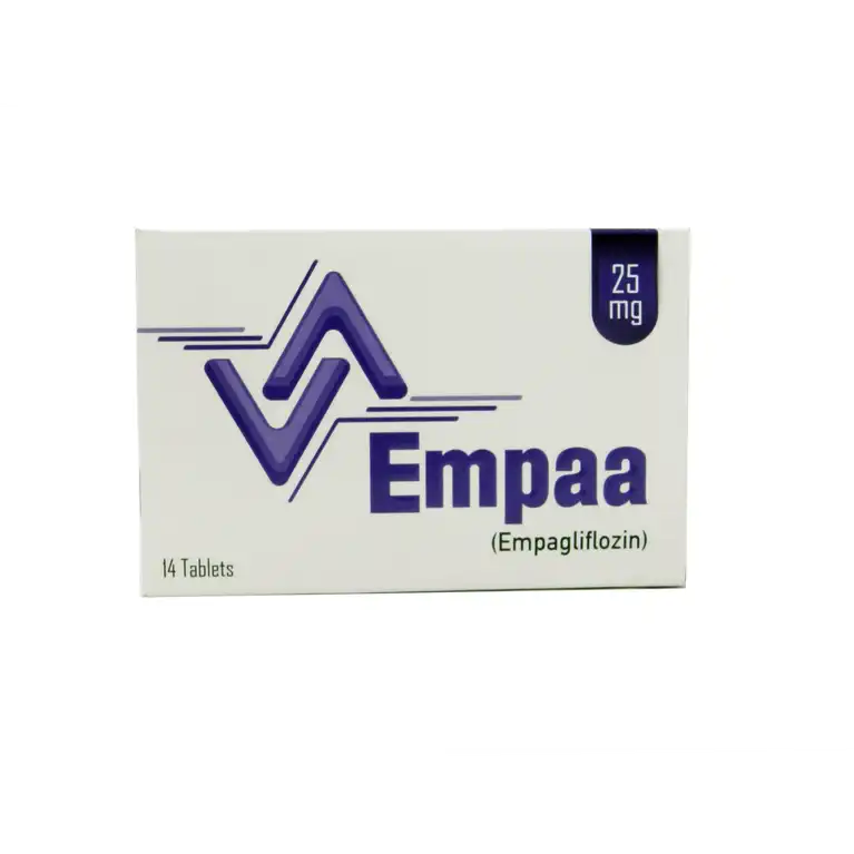 94809 White and purple box of Empaa 25 mg Tablets containing fourteen tablets of Empagliflozin.