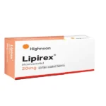 A box of Lipirex 20mg film-coated tablets for cholesterol management, containing Atorvastatin by Highnoon Laboratories.