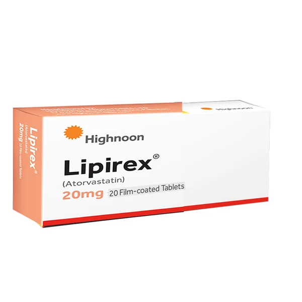 A box of Lipirex 20mg film-coated tablets for cholesterol management, containing Atorvastatin by Highnoon Laboratories.