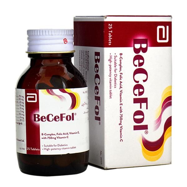 Abbott BeCeFol 25 Tablets bottle and box showing high-potency vitamin formula.