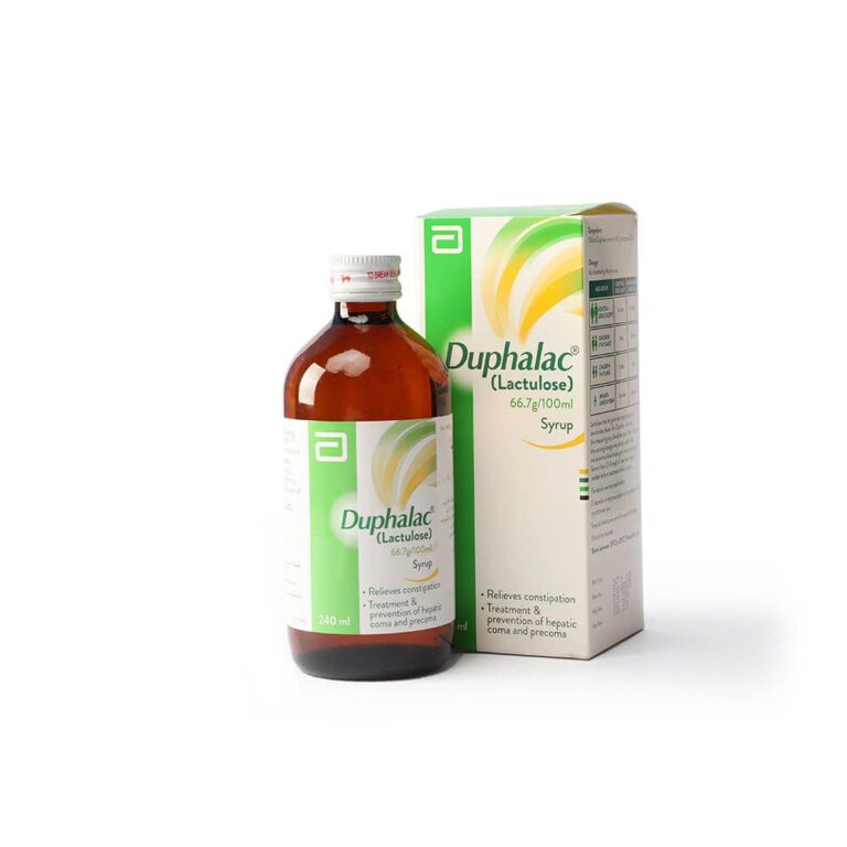 Abbott Duphalac Syrup 240ml bottle and box for constipation and hepatic coma treatment.