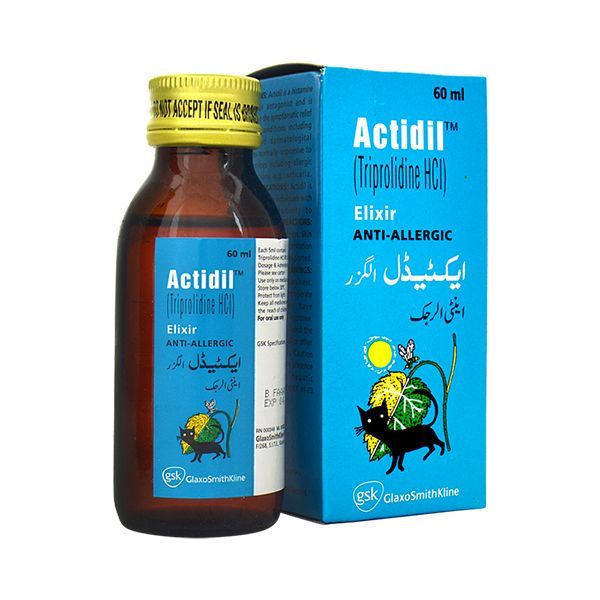 Actidil Elixir 60ml bottle and packaging for allergy and itching relief by GSK.