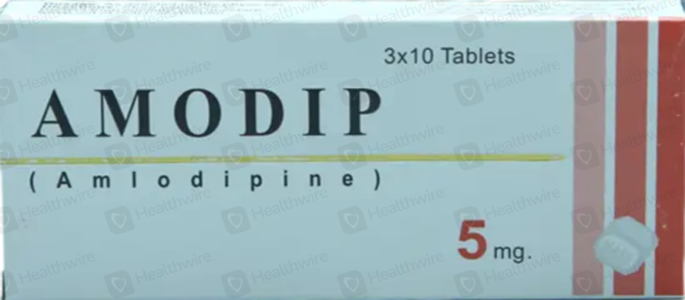 Amodip 5mg Amlodipine tablets packaging box for hypertension and angina treatment.