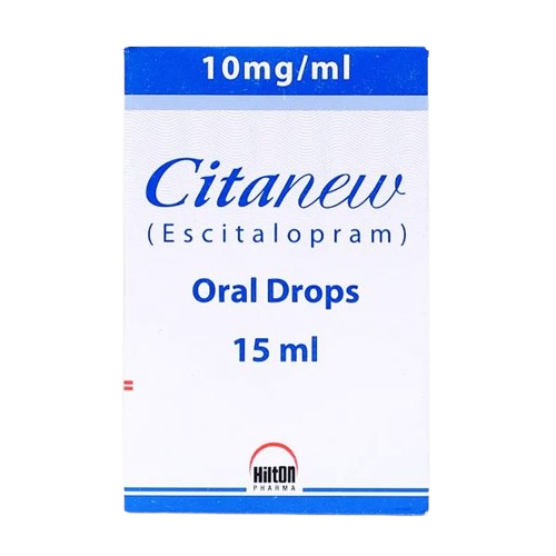 Front view of Citanew 10mg/ml Oral Drops 15ml packaging containing Escitalopram by Hilton Pharma.