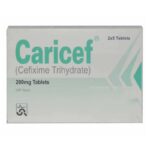 Caricef 200mg Tablets packaging box from SAMI Pharmaceuticals containing 10 Cefixime Trihydrate tablets.