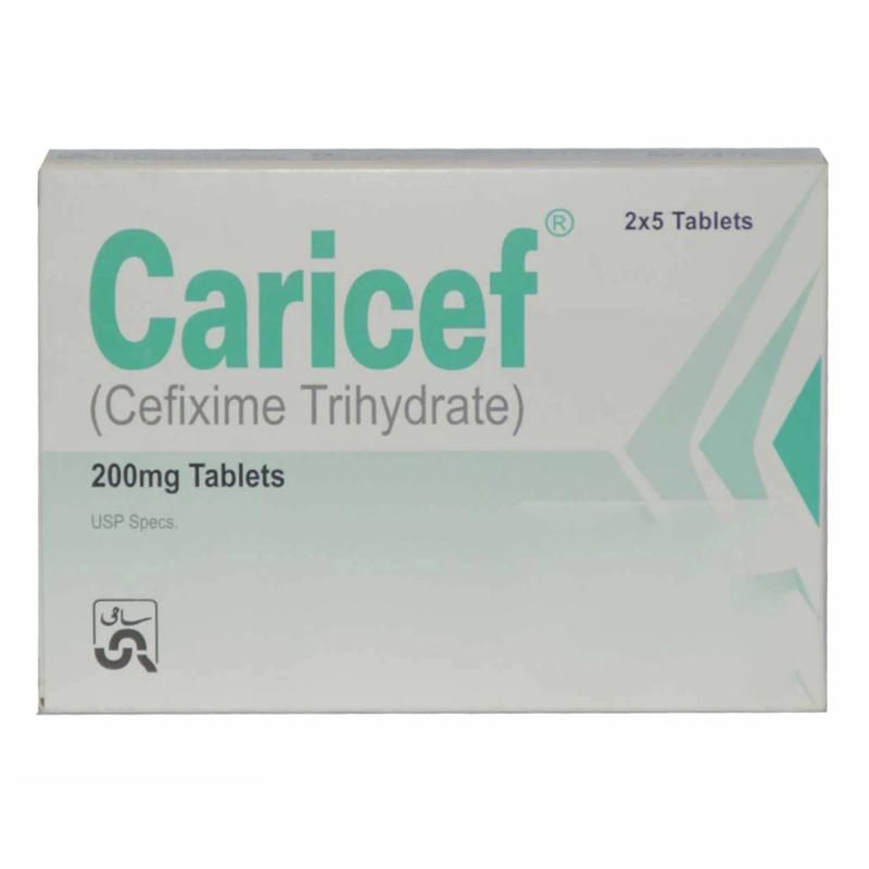 Caricef Cefixime Trihydrate (200mg) 10 Tablets Caricef 200mg Tablets packaging box from SAMI Pharmaceuticals containing 10 Cefixime Trihydrate tablets.