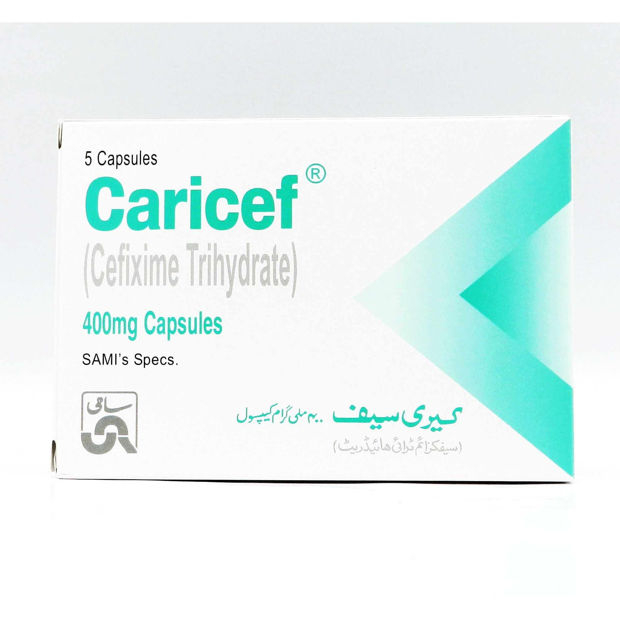 Caricef Cefixime Trihydrate (400mg) 5 Capsules Caricef 400mg Capsules packaging box from SAMI Pharmaceuticals containing 5 Cefixime Trihydrate capsules.
