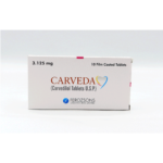 Carveda 3.125mg Tablets packaging box from Ferozsons Laboratories containing 10 Carvedilol film-coated tablets.