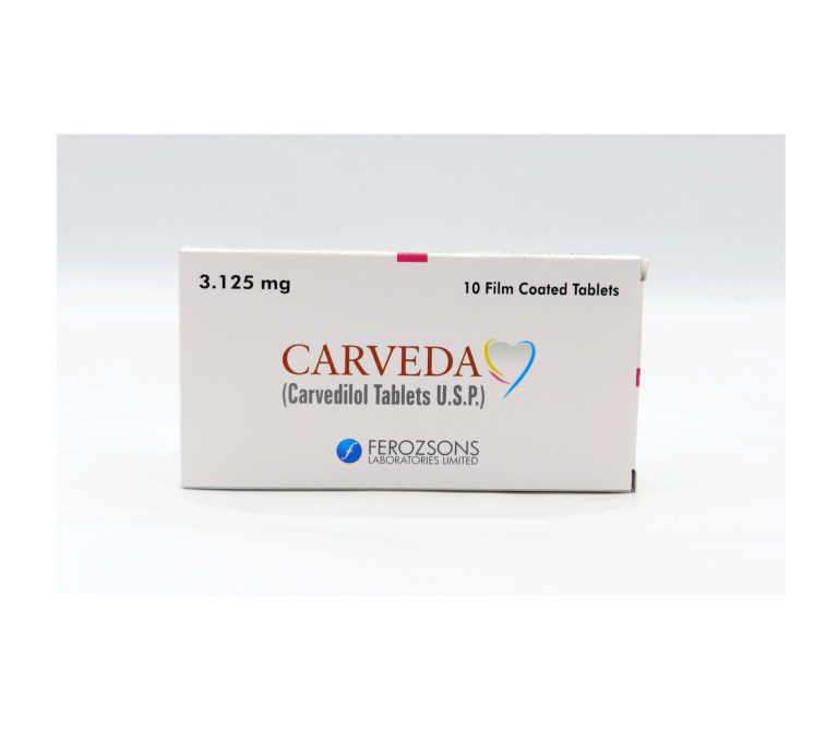 Carveda 3.125mg Tablets packaging box from Ferozsons Laboratories containing 10 Carvedilol film-coated tablets.