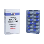 Ceclor 500mg Capsules packaging box and 12-capsule blister pack for Cefaclor antibiotic treatment by AGP.