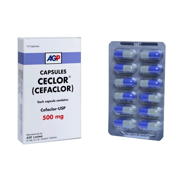Ceclor 500mg Capsules packaging box and 12-capsule blister pack for Cefaclor antibiotic treatment by AGP.