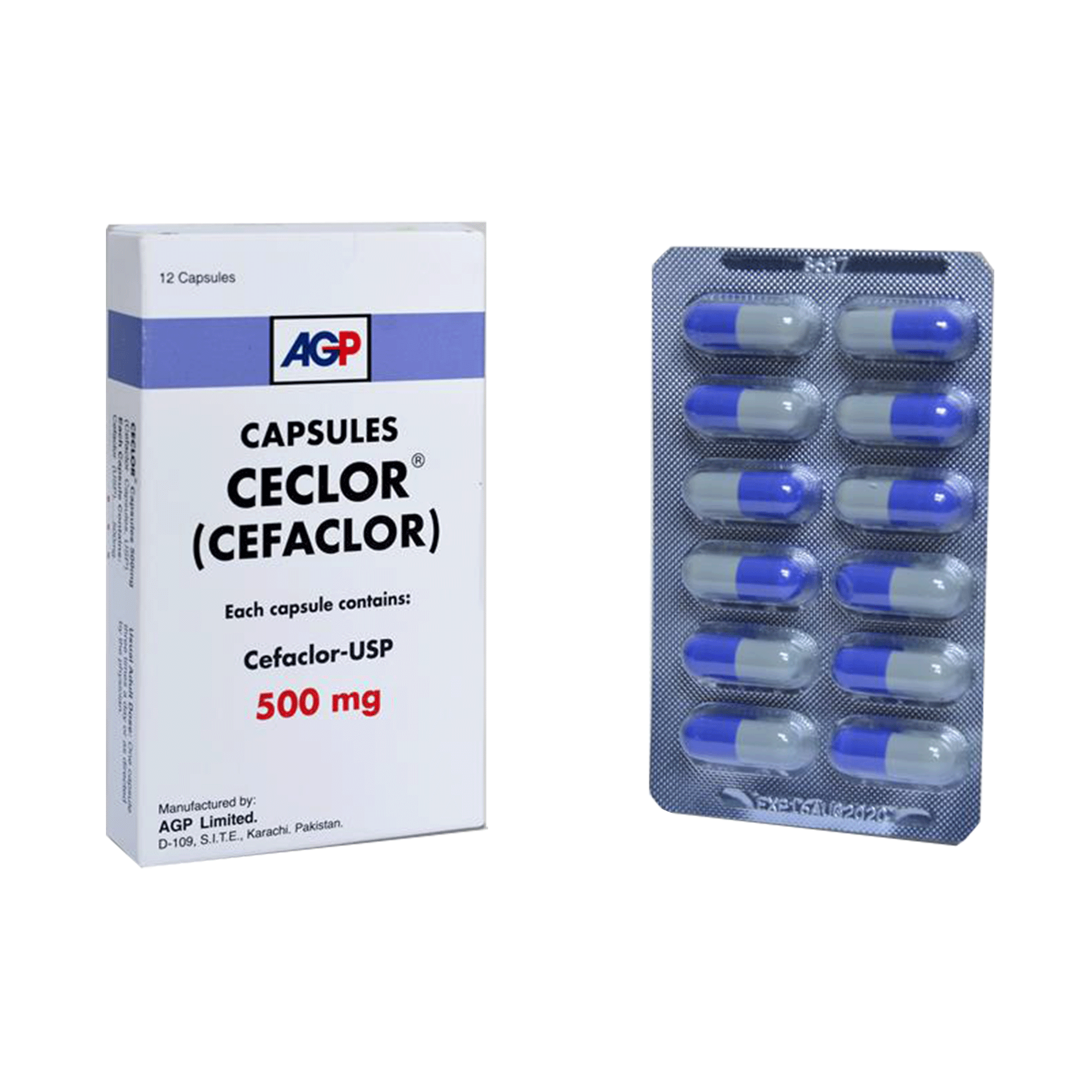 Ceclor Cefaclor (500mg) 12 Capsules Ceclor 500mg Capsules packaging box and 12-capsule blister pack for Cefaclor antibiotic treatment by AGP.