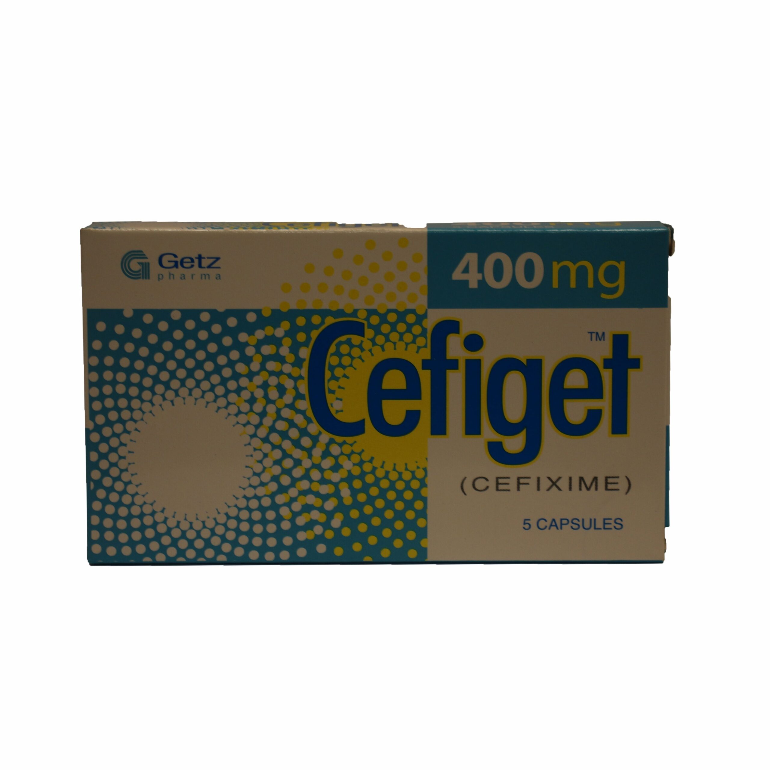 Cefiget Cefixime (400mg) 5 Capsules Cefiget 400mg Capsules Cefixime antibiotic packaging front view.