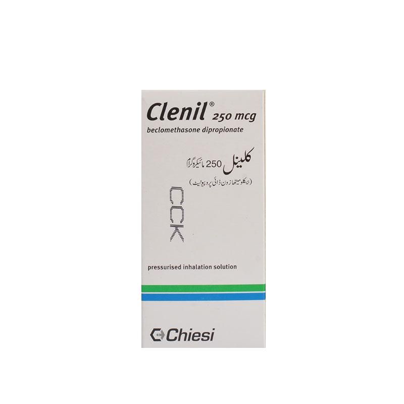 Chiesi Clenil Inhaler 1 Piece 250mcg Front view of Clenil 250 mcg beclomethasone dipropionate pressurized inhalation solution packaging by Chiesi.