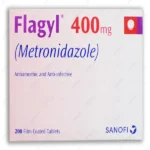 A large box of Flagyl 400mg (Metronidazole) containing 200 film-coated tablets by Sanofi.