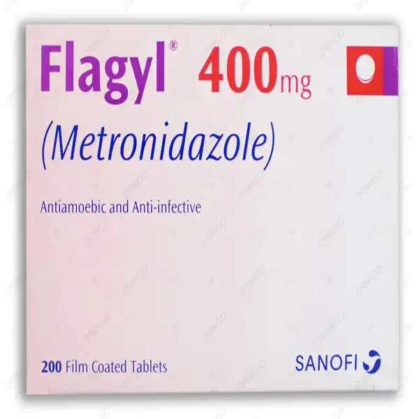 A large box of Flagyl 400mg (Metronidazole) containing 200 film-coated tablets by Sanofi.