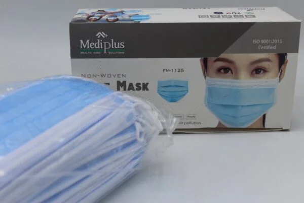 A stack of blue 3-ply disposable face masks with comfortable ear loops.