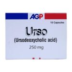 AGP Urso 250 mg capsules box featuring Ursodeoxycholic acid for liver and gallbladder treatment.