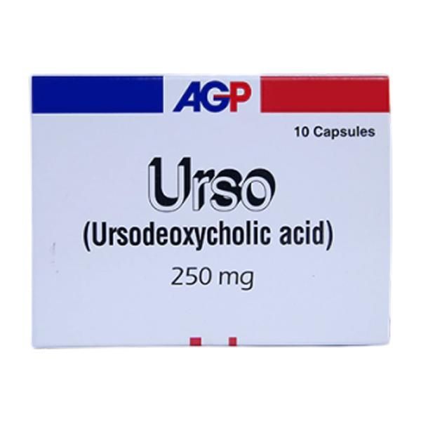 AGP Urso 250 mg capsules box featuring Ursodeoxycholic acid for liver and gallbladder treatment.