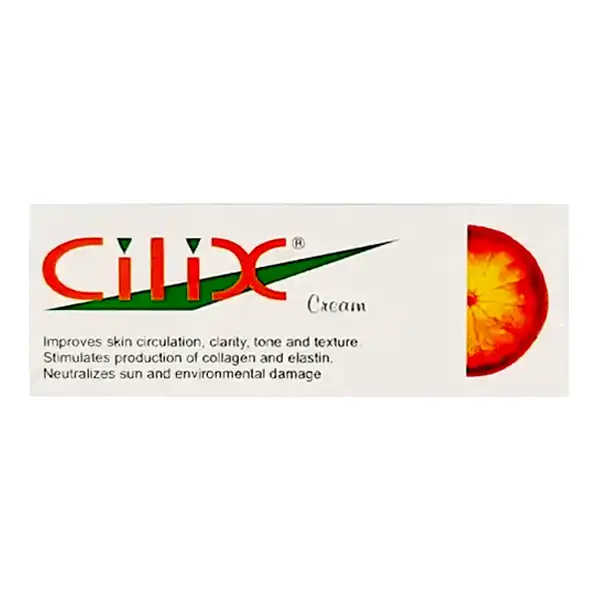 Cilix Cream packaging showing skin brightening and anti-aging benefits with Vitamin C orange extract imagery.