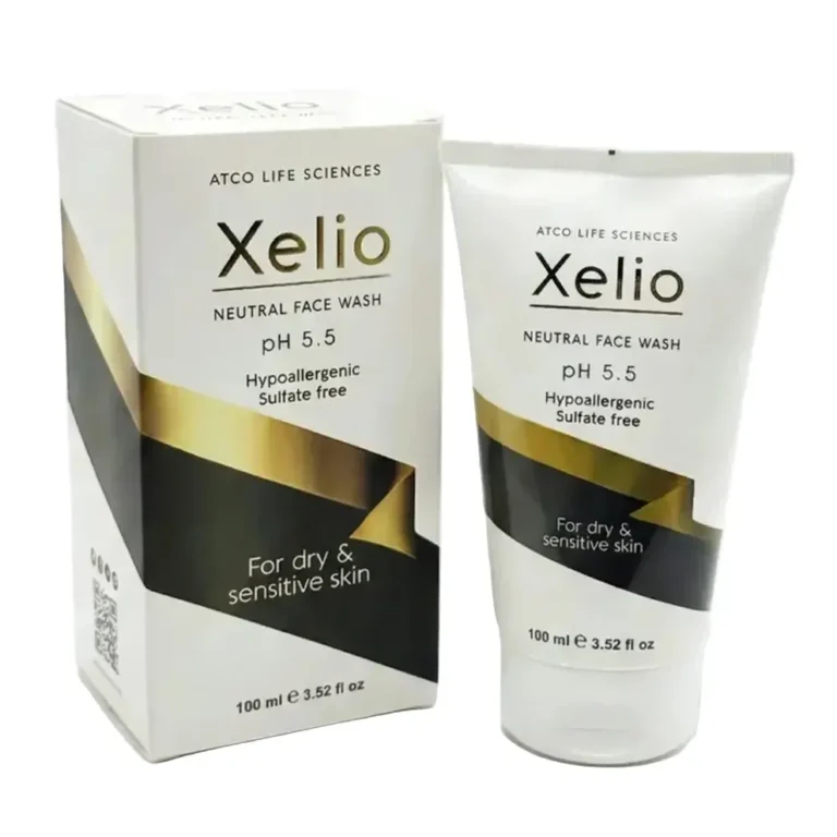 Xelio Neutral Face Wash 100ml tube and box, a pH 5.5 sulfate-free cleanser for dry and sensitive skin by Atco Life Sciences.
