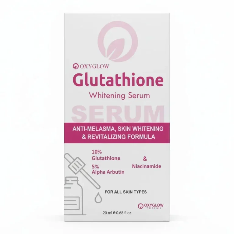 Oxyglow Glutathione Whitening Serum bottle for anti-melasma and skin brightening with 10% Glutathione, 5% Alpha Arbutin, and Niacinamide.
