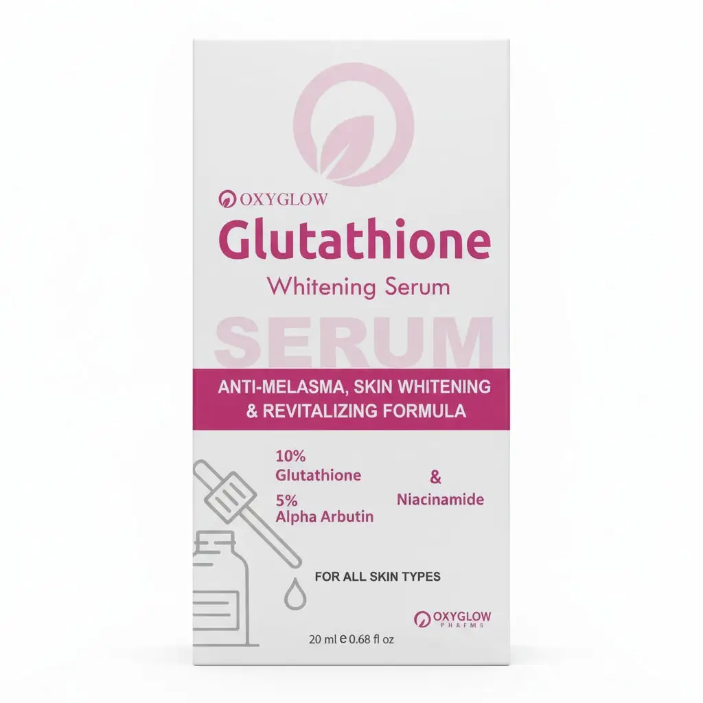 Oxyglow Glutathion Serum Oxyglow Glutathione Whitening Serum bottle for anti-melasma and skin brightening with 10% Glutathione, 5% Alpha Arbutin, and Niacinamide.