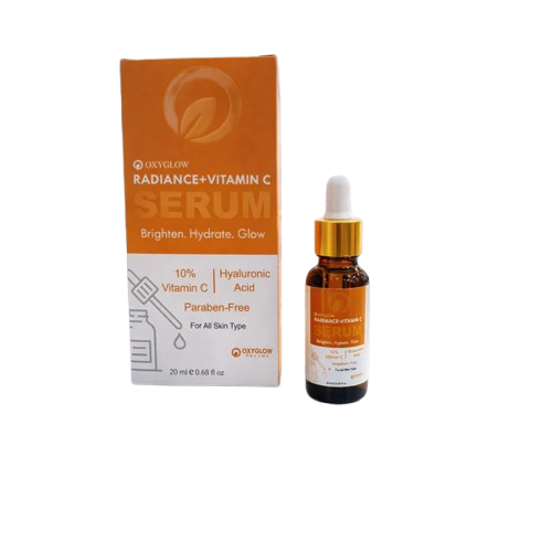 Oxyglow Radiance+ Vitamin C Serum with 10% Vitamin C and Hyaluronic Acid for skin brightening and hydration.